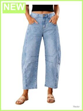 High Waist Barrel Leg Cropped Stretch Denim Jeans Wide Leg